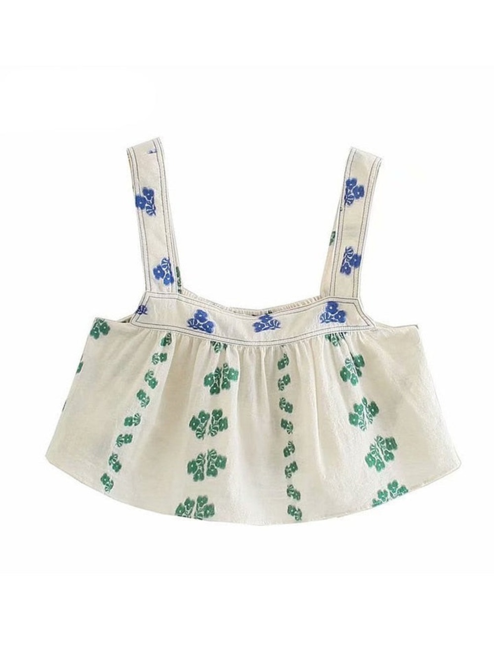 Zara White Cropped Tank Top with Blue and Green Floral Print sz L